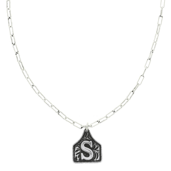 Western Letter Initial Etched Cattle Tag Pendant Necklace