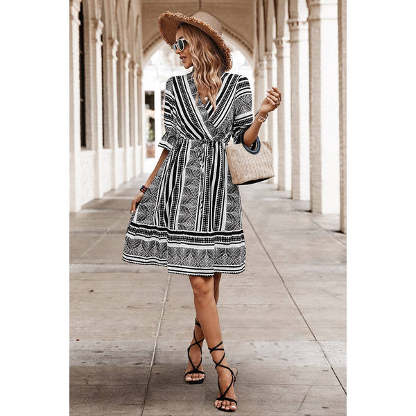 Faux Wrap Striped Dress with Ruffle Hem Sleeve