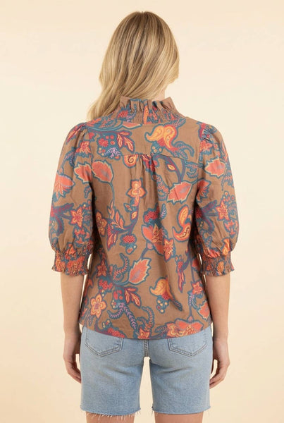 Ruffled Paisley V-Neck Blouse with Smocked Cuffs