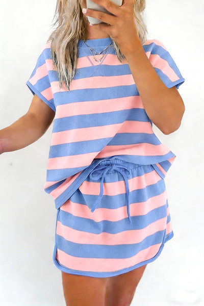 Stripe Dolman Tee Drawstring Skort Set