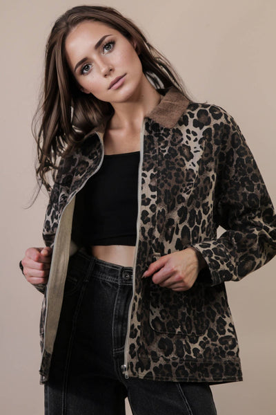 Leopard Printed Washed Twill Cotton Jacket