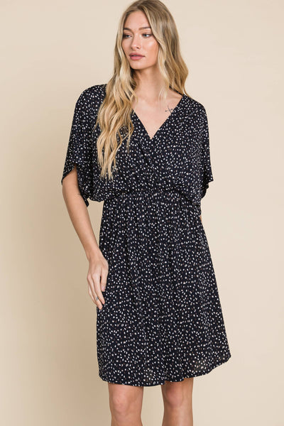 Faux Wrap V Neck Polka Dot Dress