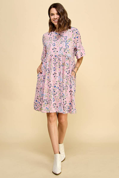 Multi Floral Print Dress with Ruffle Sleeve