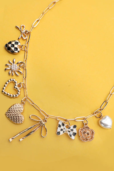 Charm Necklace with Bow, Heart, Flower in Gold