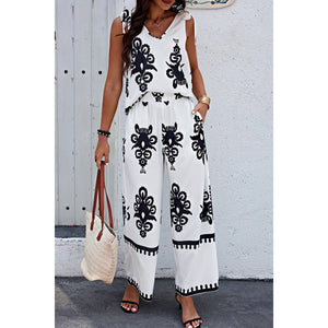 Geometric Print Knot Shoulder Pant Set