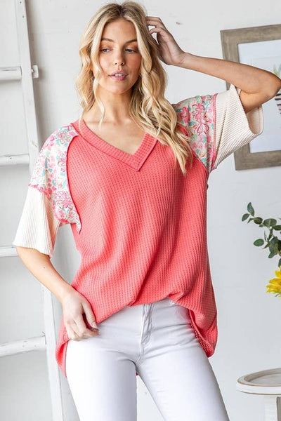 Waffle V Neck Floral Sleeve Top in Coral