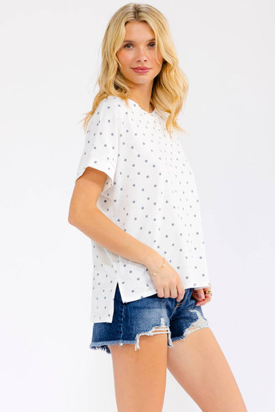 Polka Dot Banded Short Sleeve Top in White/Navy