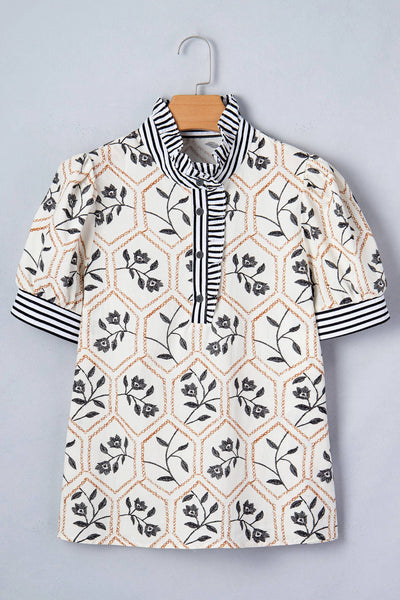 Floral Print Striped Button Neck Short Sleeve Blouse