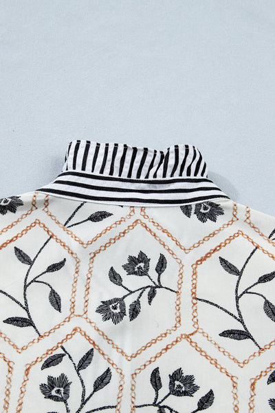 Floral Print Striped Button Neck Short Sleeve Blouse
