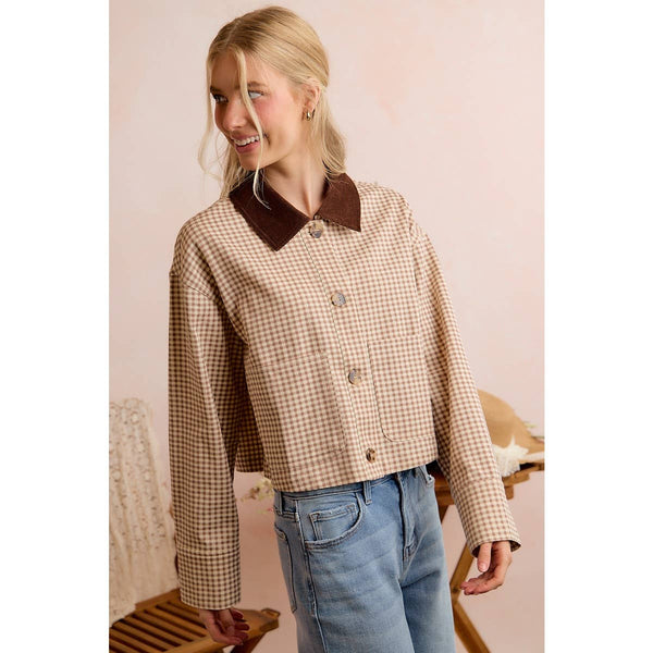 Cropped Gingham Jacket with Corduroy Collar