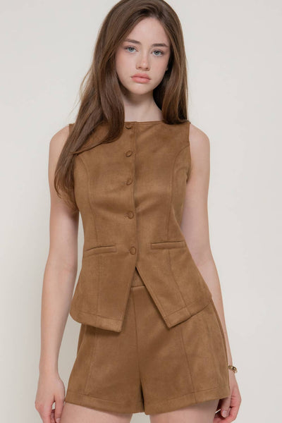 Faux Suede Button Down Vest & Short Set