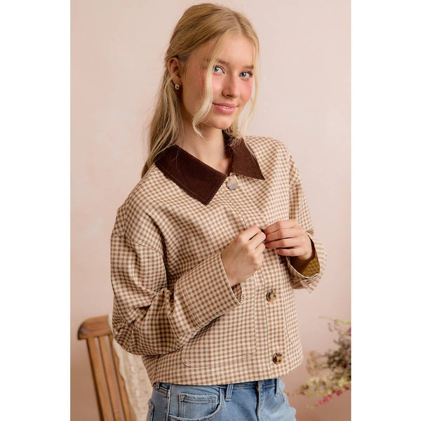 Cropped Gingham Jacket with Corduroy Collar