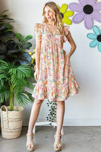 V Neck Floral Dress with Ruffle Sleeve and Pockets