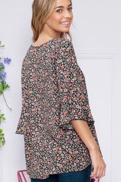 Floral V Neck Ruffle Sleeve Top in Black