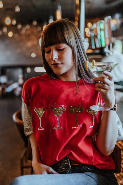 Cocktail Time Tee with Glitter Sleeves in Red