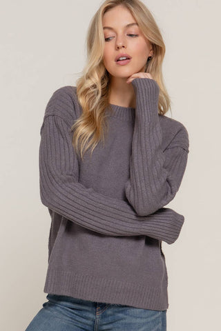 Mock Neck Raised Seam Sweater in Violet Grey