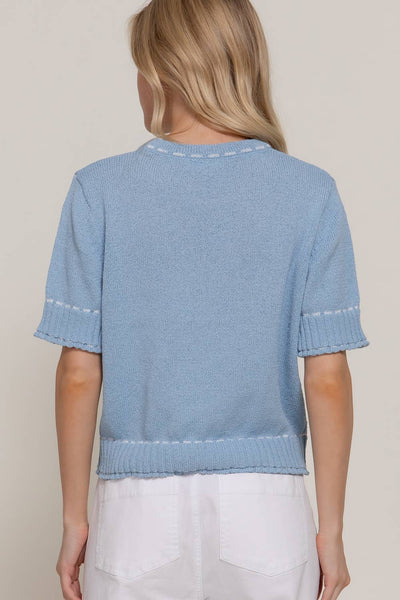 Short Sleeve Sweater with Contrast Color Stitch in Blue
