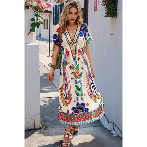 Floral Deep V Neck Batwing Sleeve Tropical Dress