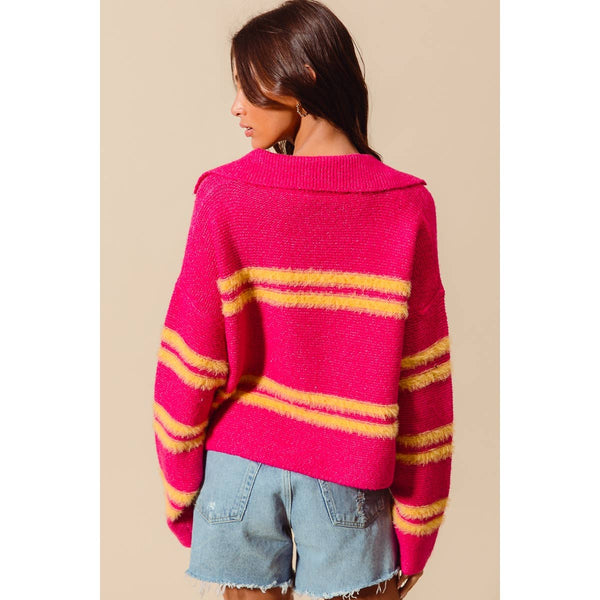 Fuzzy Striped V Neck Sweater in Fuchsia/Lemon Yellow