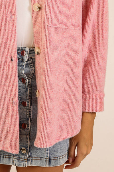 Brushed Waffle Button-Up Shacket in Red