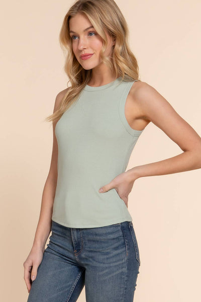 Sleeveless Crew Neck Rib Knit Top in Mint Sage
