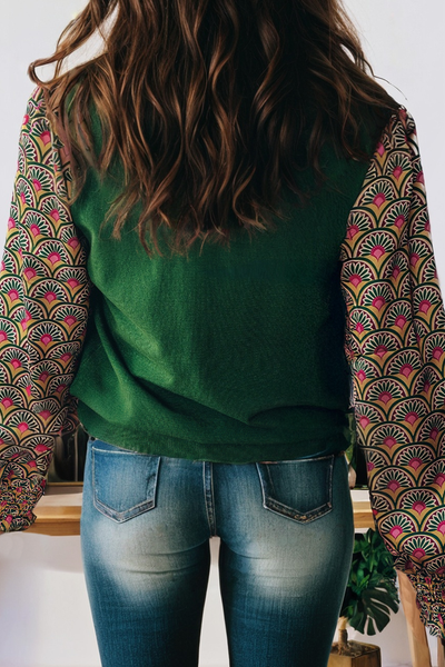 Floral Patchwork Shirred Cuff Puff Sleeve Sweater