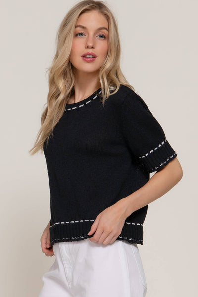 Short Sleeve Sweater with Contrast Color Stitch in Black