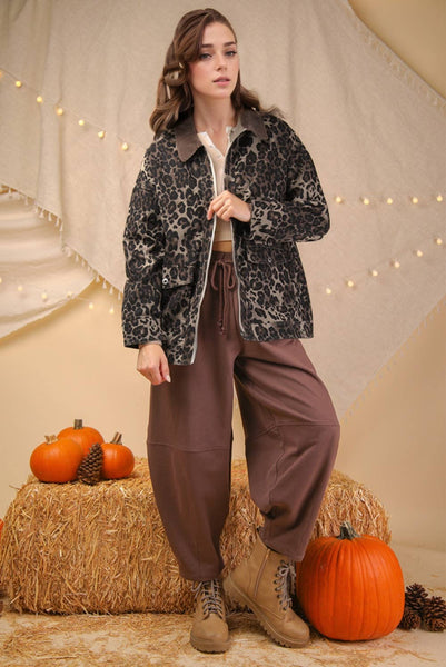 Leopard Printed Washed Twill Cotton Jacket