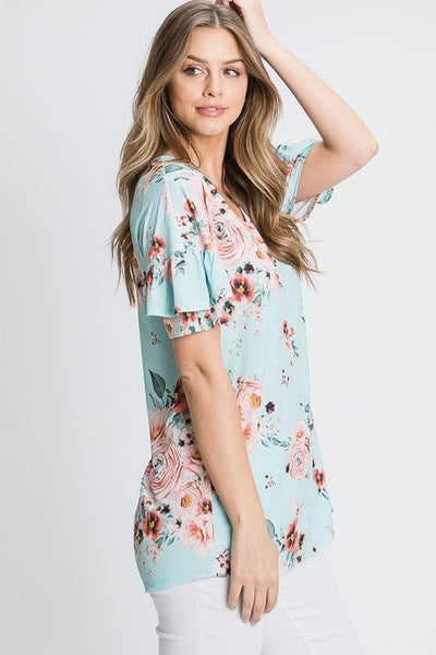 V Neck Floral Top with Ruffle Sleeve