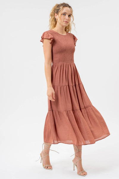 Smocked Tiered Dress in Terracotta