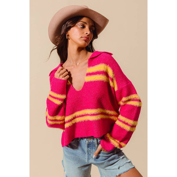Fuzzy Striped V Neck Sweater in Fuchsia/Lemon Yellow