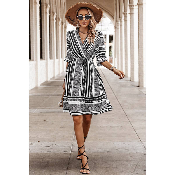 Faux Wrap Striped Dress with Ruffle Hem Sleeve