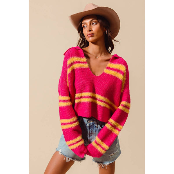 Fuzzy Striped V Neck Sweater in Fuchsia/Lemon Yellow