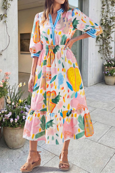 Floral Doodle Print Striped Trim V Neck Midi Dress