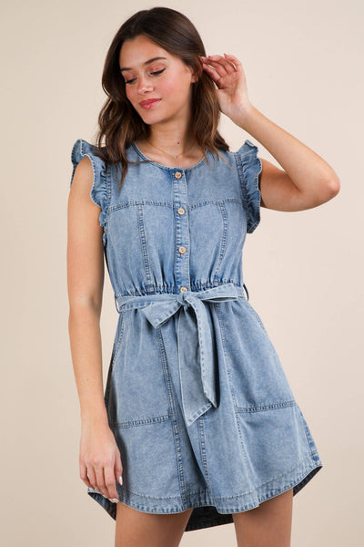 Washed Chambray Ruffle Detail Mini Dress