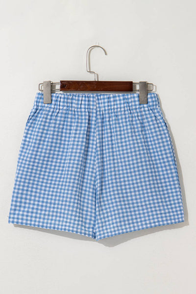 Gingham Printed High Waist Shorts in Blue