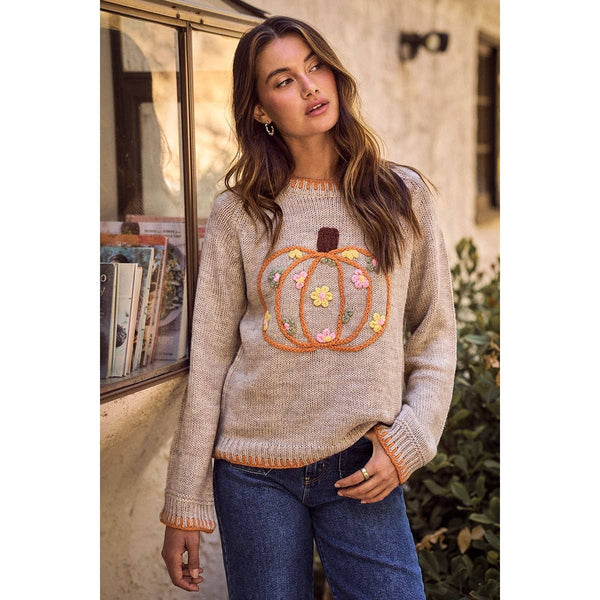Pumpkin Floral Embroidered Sweater