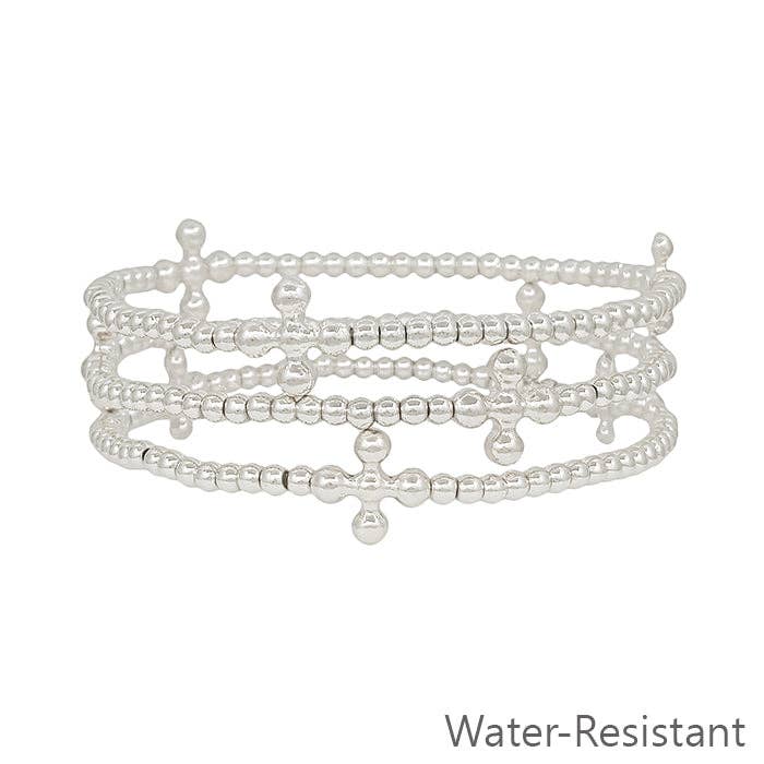 Water Resistant Silver Set of 3 3mm Beaded with Bubble Cross Stretch Bracelets