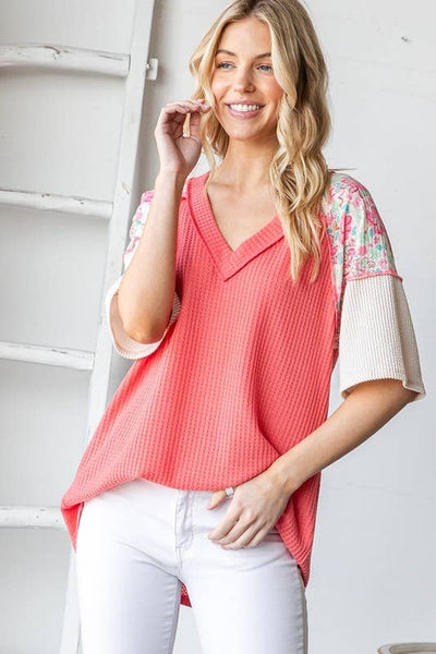 Waffle V Neck Floral Sleeve Top in Coral