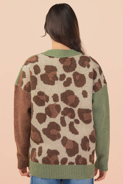 Leopard & Plaid Graphic Knit Sweater Cardigan