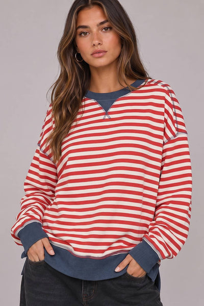 Stripe Oversized Knit Top in Red/Navy