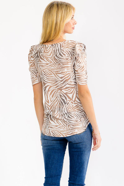 Zebra Puff Sleeve Knit Top in Mocha