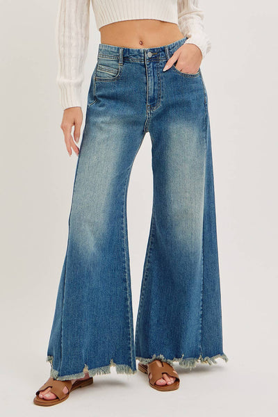 Mid Rise Wide Leg Frayed Hem Denim