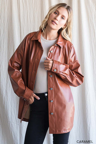 Faux Leather Shirt Jacket in Carmael