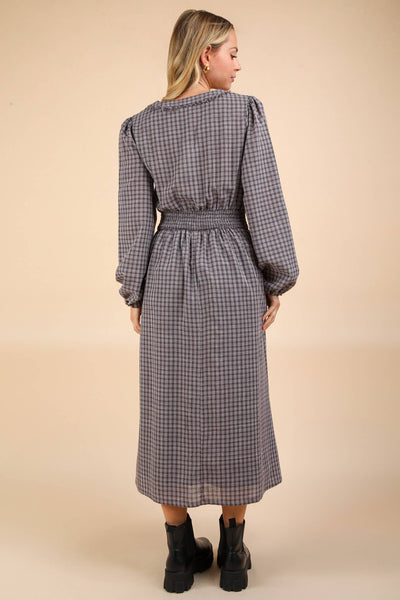 V-Neck Smocking Plaid Midi Dress