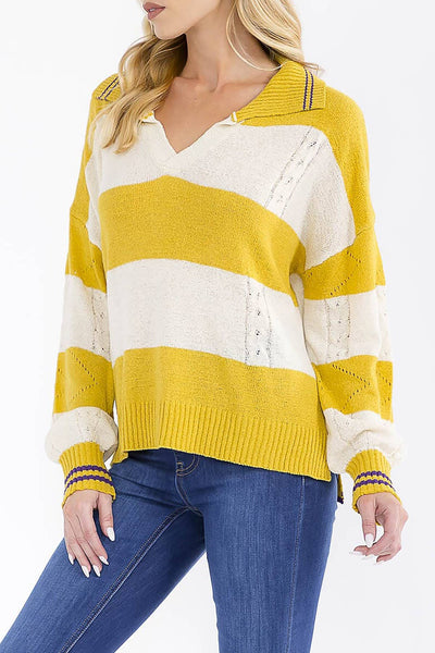 Collared V Neck Striped Sweater in Mustard