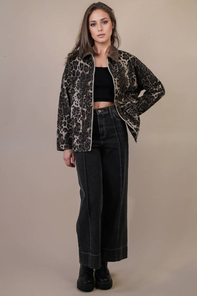Leopard Printed Washed Twill Cotton Jacket
