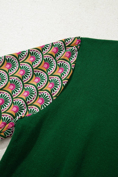 Floral Patchwork Shirred Cuff Puff Sleeve Sweater