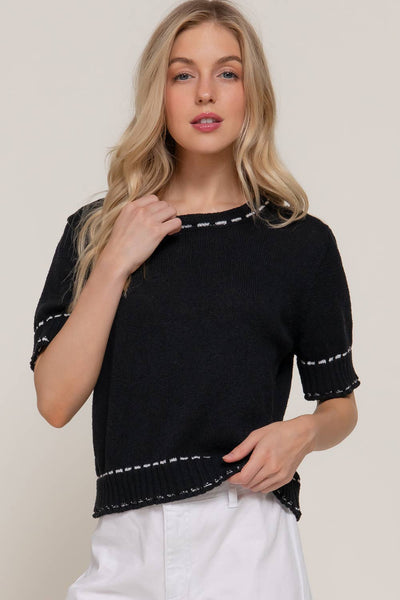 Short Sleeve Sweater with Contrast Color Stitch in Black