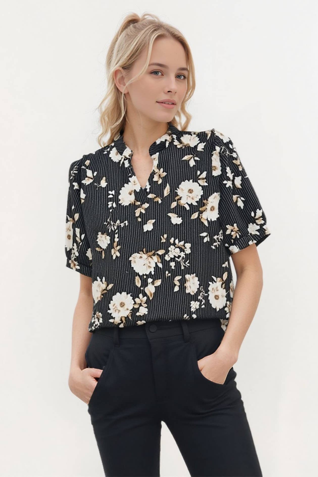 Ribbed Floral Top in Black